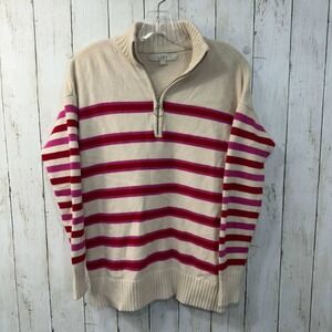 LOFT Women's Half Zip Striped Mock Neck Sweater Cream Pink Red Knit Size S